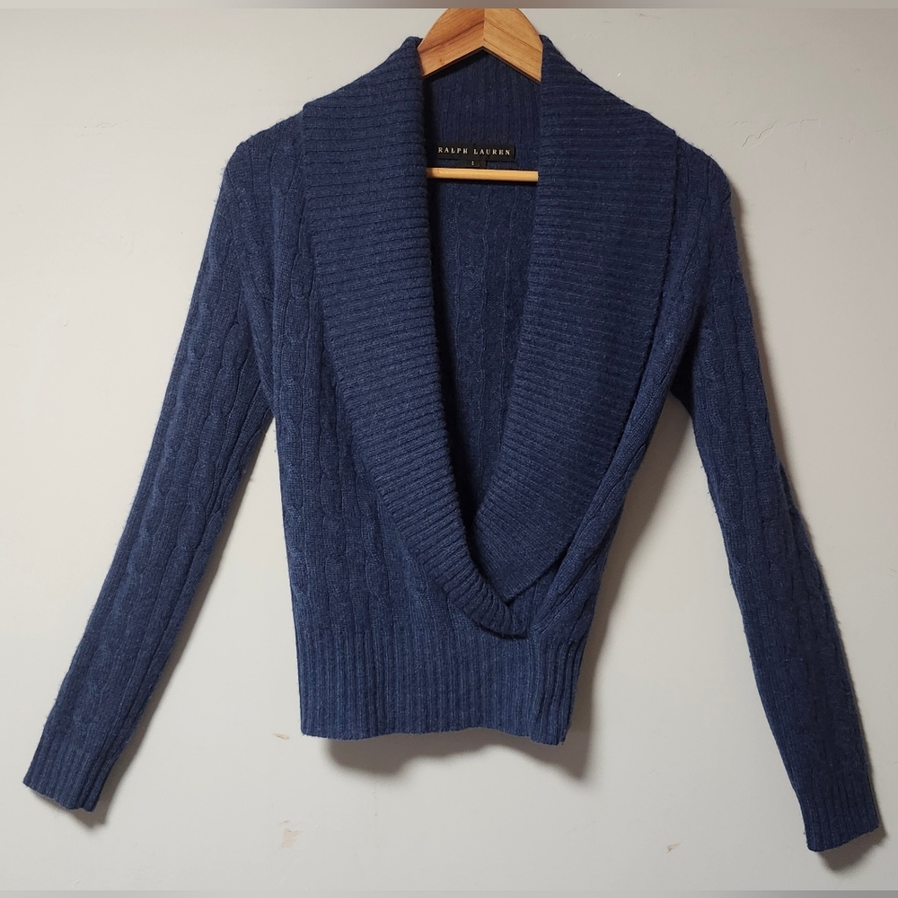 Ralph Lauren Black Label Cable Knit Women Cashmere Blue Shawl Wrap Sweater Top S